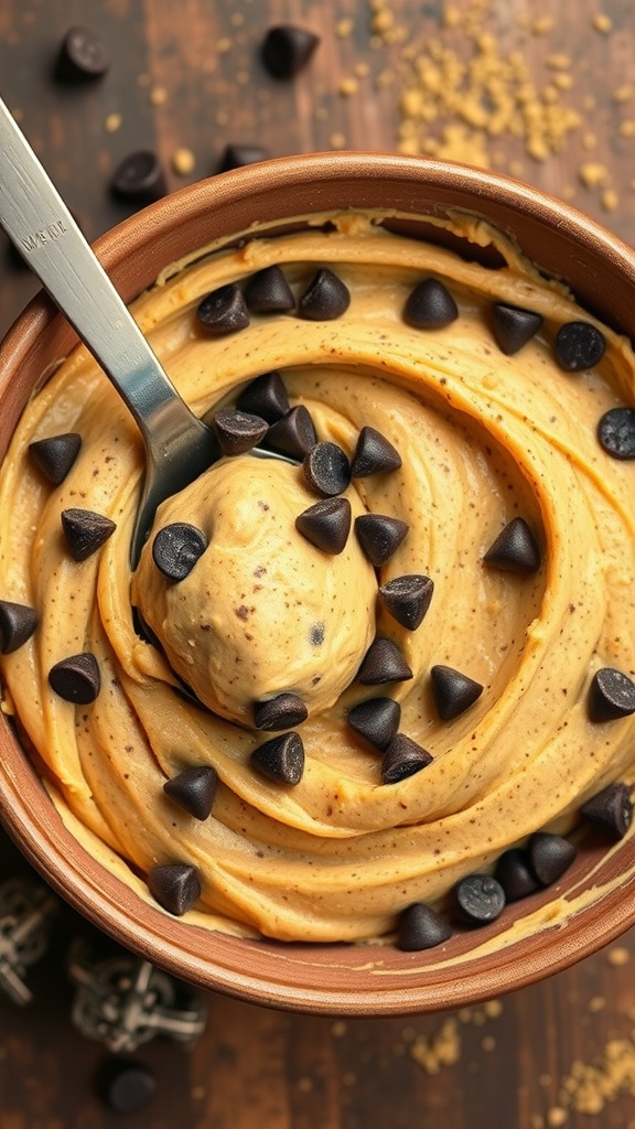 A close-up of edible cookie dough in a bowl with chocolate chips, with a wooden spoon beside it.